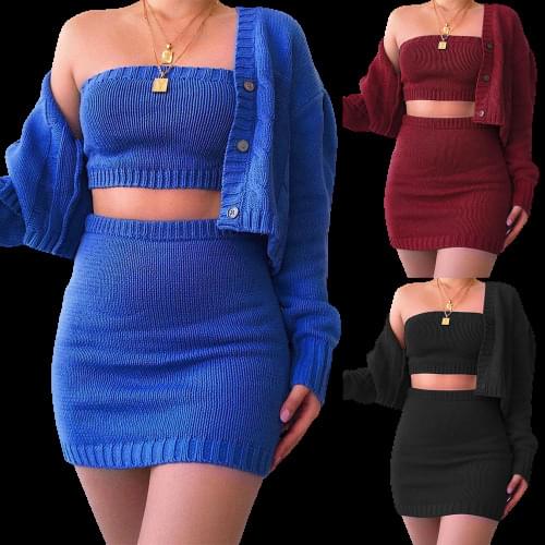 In Stock Sexy Women Bodycon Dress Knit Sweaters Dresses Skirt Set Women Outfits 3 Piece Set Women Clothing