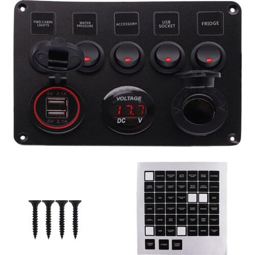 5Gang Red LED Boat Switch Panel Car Switch Panel Waterproof Digital Voltmeter Dual USB Port 12V Outlet Combination Marine Rocker