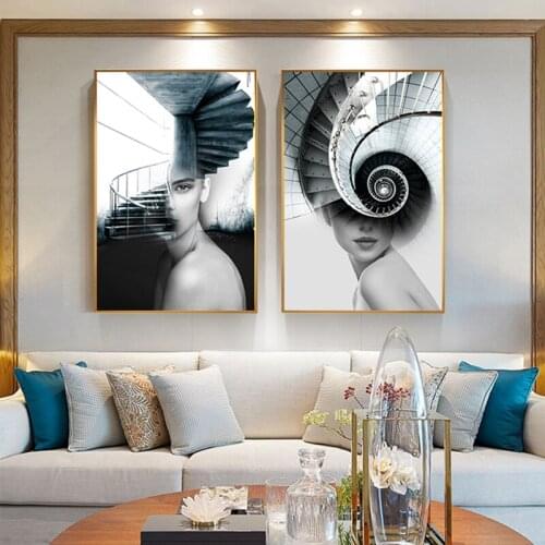 Abstract Fashion Women Stair Canvas Art Painting for Living Room Aisle Murale Salon Modern Posters and Prints Tableau Decoration
