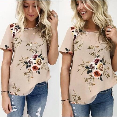 Summer Women Blouse Floral Short Sleeve Ladies Chiffon Loose Casual Tops Round Neck Khaki White Navy Blue
