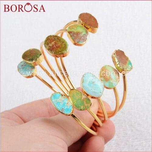 BOROSA Blue Stone Handcuff Bangle Freeform Natural Blue Stone Adjustable Bangle Gold Color Blue Stone Jewelry G0235