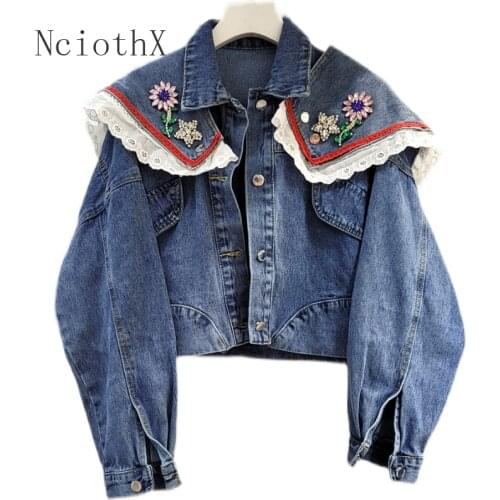 Fashion Beaded Flowers Lace Patchwork Lotus Leaf Collar Denim Jacket Female Blue Jeans Coat Spring Autumn Casual Women Clothes