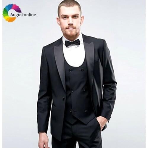 Italian Black Men Suits for Wedding 3Piece Jacket Pants Double Breasted Vest Peaked Lapel Best Man Blazer Slim Fit Groom Tuxedo