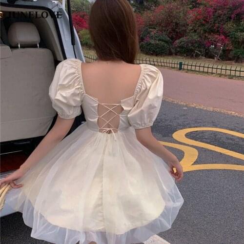 JuneLove 2021 Summer Korean Kawaii Dress Women Bandage Backless Sexy Party Mini Dress Short Sleeve Mesh Chic Sweet Cute Sundress