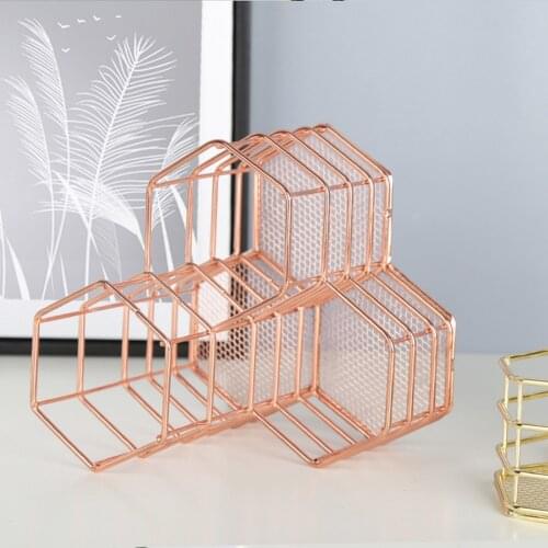 Stationery Storage Container Pencil Marker 1pc Hexagonal Rose Gold Makeup Brush Storage Rack Metal Hollow Cosmetic Storage