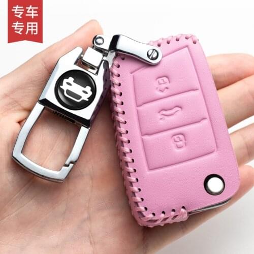 Leather Car Key Cover Case For VW Golf Bora Jetta POLO Tiguan Passat Smart Folding Key Shell Protector With Logo Keychain