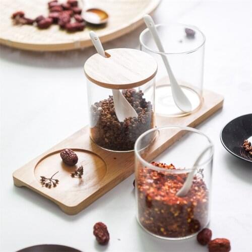 Creative Glass Condiment Seasoning Bottle Glass Sugar Salt Storage Jar Spice Jars with Wooden Spoon Kitchen Herb Spice Tools