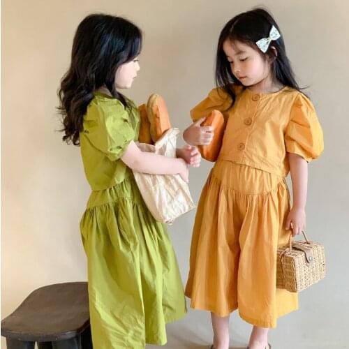 Korean style girls fashion short Tops and wide leg trousers 2pcs sets Summer 2021 girl cotton clothing sets 2-7Y