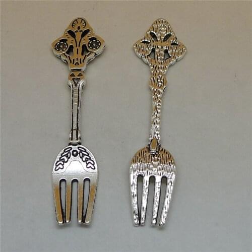 Nevstop 50Pcs/lot Simulation Antique Silver Retro Pattern Fork Charms 62x16mm Tableware Jewelry Findings