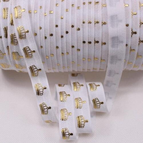 Newest! 5/8" gold foil crown printed fold over elastic #029-white for hair tie headbands, 50 yards/color