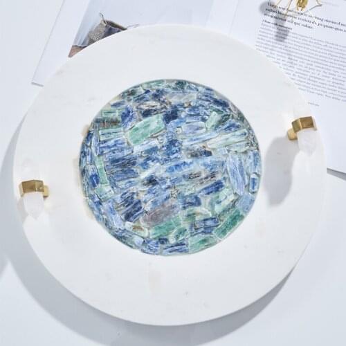New Art Decor Home Furnishing Luxury Blue Green Natural Spar Stitching Crafts Marble Round Storage Tray With Brass Spar Handle