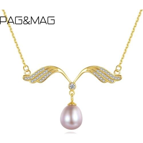 PAG&MAG Wing Shape Real Natural Pearl Pendant & Necklace For Women 925 Sterling Silver Zircon Necklace Fashion Jewelry FN-0297