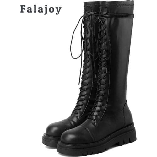 Falajoy Riding Boots Leather Lace up Platform Knee High Boots Womens Fall Shoes Winter Fur Boots Brand Fashion Plus size 41 43