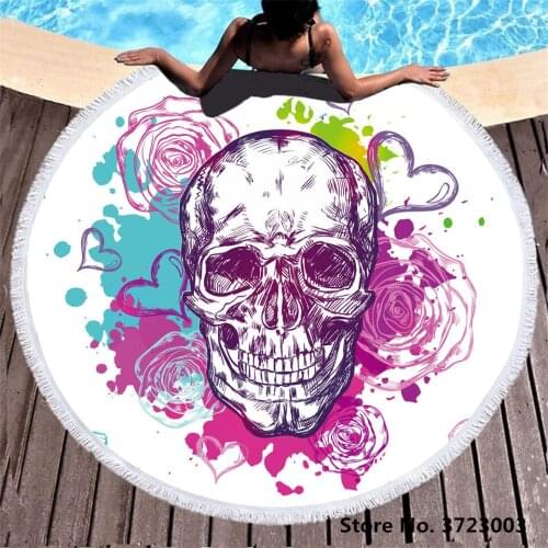 Modern Skull Print Microfiber Round Beach Towel Blankets Summer Travel Swimming Beach Blanket Water Absorption With Tassel