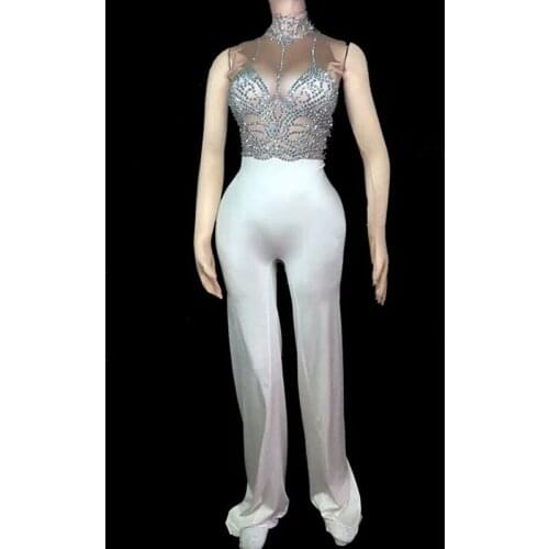 Sparky Rhinestones Loose Leggings Jumpsuit Women Stage Costumes Singer Dancer Prom Show Bodysuit Birthday Party Outfit