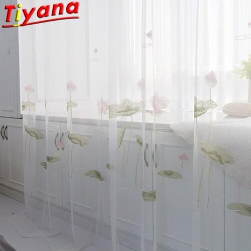 Chinese Style Classical Lotus Tulle Curtains for Living Room Plant Green Leaves Voile for Bedroom Kitchen Balcony W-HM385#30
