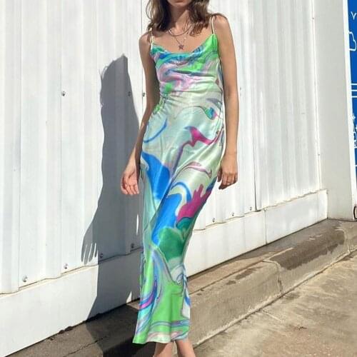 Vintage Thin Straps Tie-Dye Printing Long Skirt Ladies Vacation Summer Sexy Prom Dress Beach Harajuku Elegant Dress South Korea