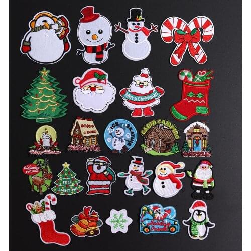 High Quality Christmas Tree Style Embroidery Patch Snowman Bell Iron On Sew On Patches for DIY Clothes Stickers House Appliques