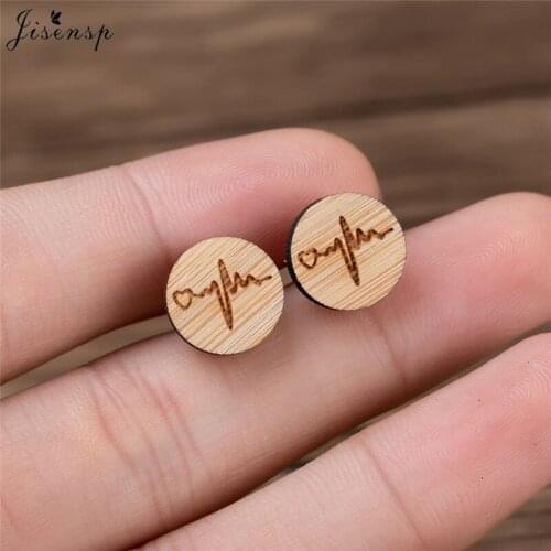 Jisensp Romantic Heartbeat Stud Earrings for Women Girls Round Sweet Heart Wood Earrings Wooden Jewelry Gift
