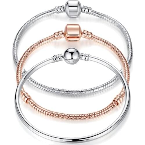 Brand Classic LOVE Silver Color Snake Chain DIY Women Bracelets & Bangles for Women Beads Charms Women Jewelry 3 Size WEU9009