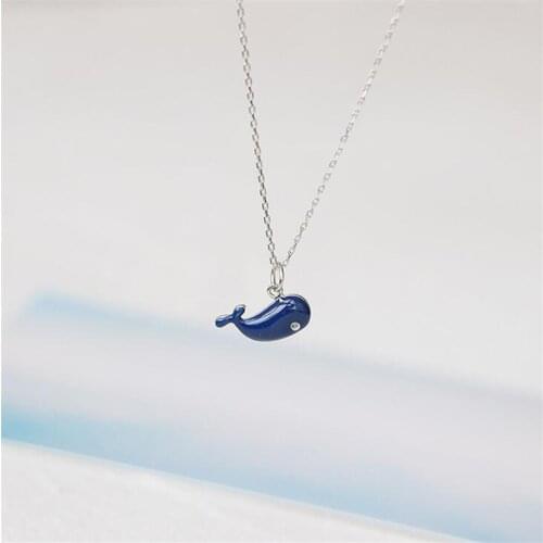 2021 Trendy 925 Sterling Silver Blue Epoxy Cute Ocean Whale Animal Pendant Necklace for Women Fresh Natural Jewelry Gifts SN184