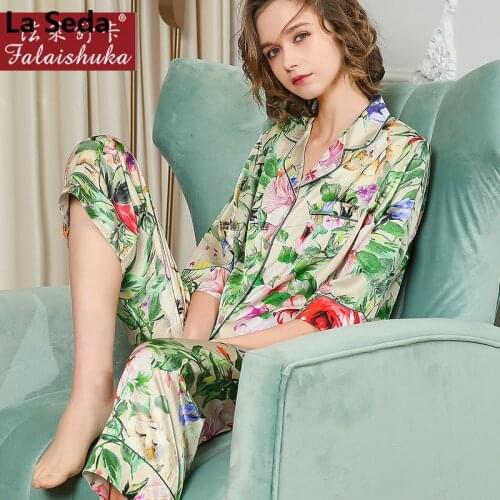 19 momme Summer Fresh Flowers Mulberry Silk pajamas sets women sleepwear Korean pure natural genuine silk womens pyjamas T8221
