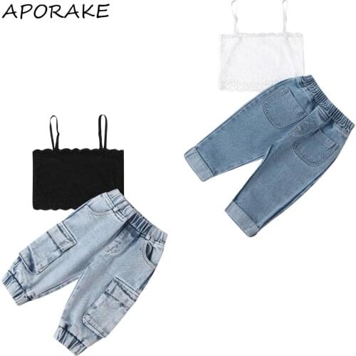 2021 0-6Y Fashion Kids Baby Girl Clothing Black/White Solid Lace Top Vest+Pockets Blue Denim Pants Summer 2pcs Outfits Set