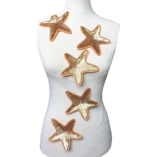 5pc Iron On Gold Star Sequin Patch Starfish Beaded Applique Clothes Sticker Patches For Clothing Appliques Parches Ropa AC1450