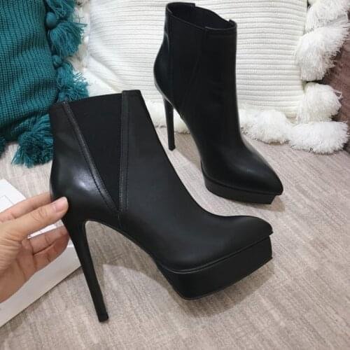 Autumn Winter Warm Shoes for Women New Thin Heel Genuine Leather Booties Thermal Boot with Platform Black Short Plush Shoes