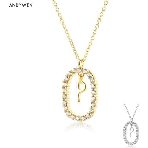 ANDYWEN 925 Sterling Silver Gold P L Letters Alphabet Long Chain Pendant Necklace 2021 Women Wedding Jewelry Party Crystal