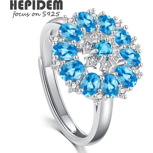 HEPIDEM 100% Topaz 925 Sterling Silver Rings New Women Natural Blue Stone Gemstones Wedding Gift S925 Fine Jewelry 3146