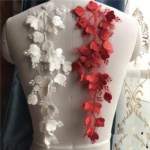 Red 3D Lace embroidery patches Sequins LACE decals flower Applique for DIY Wedding dress