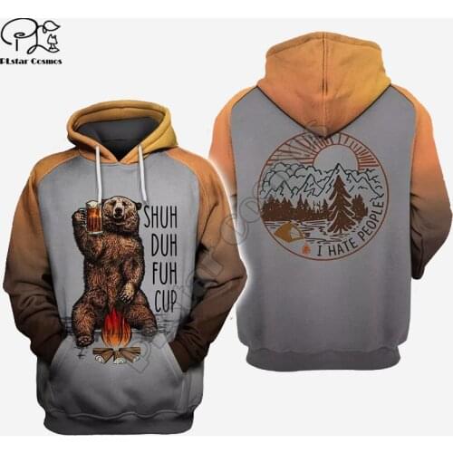 Men Unisex harajuku hunting bear I hate people print 3d hoodie beer Sweatshirt zipper women Pullover streetwear jacket tracksuit