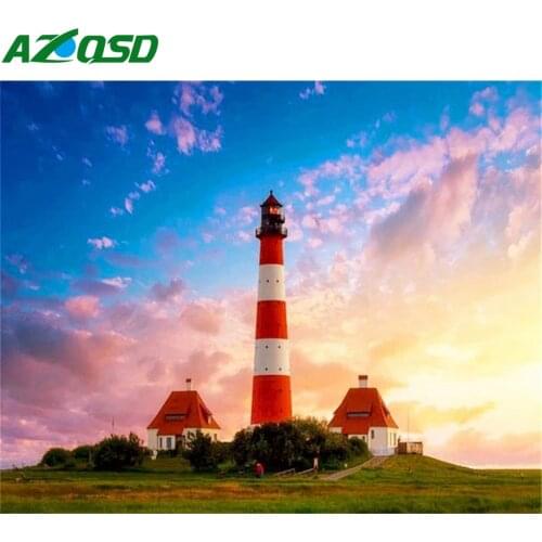AZQSD Lighthouse Oil Painting By Numbers On Canvas Handmade Landscape Diy Framed Picture By Numbers Acrylic Paint Home Decor