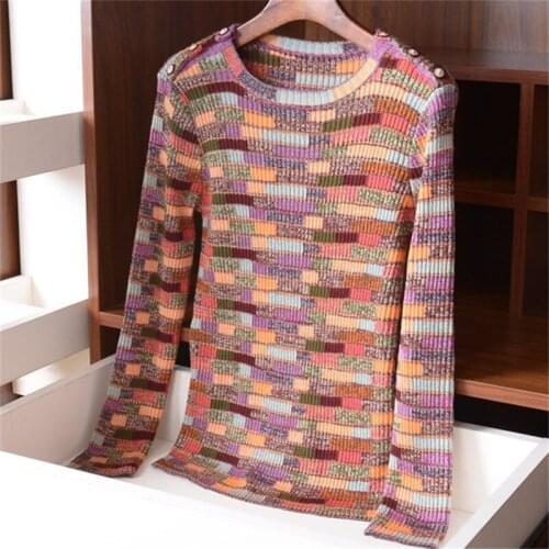 New arrival wool viscose blend knit women fashion printed striped Oneck pullover sweater S-L retail wholesale
