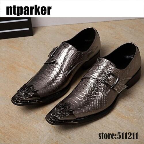 Ntparker-Lxury Designers Men Dress Shoes Genuine Leather Shoes Fashion Snakeskin Pattern Iron Pointed Toe Leather Shoes Men POP