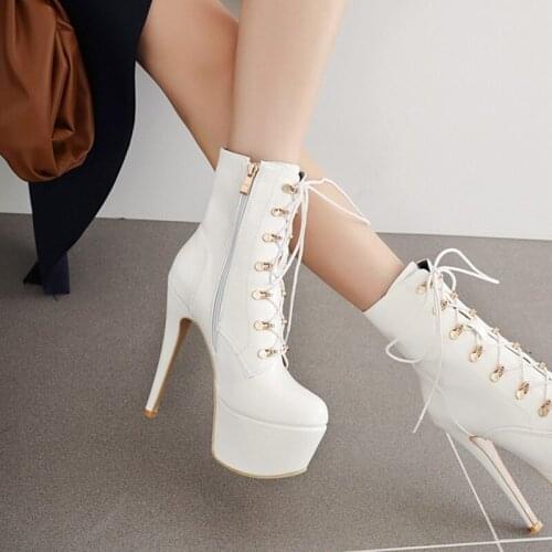 Ochanmeb Sexy 15cm 6inch Stiletto Heels Evening Party Boots Women Platform Cross Tied Black Red White High Heels Shoe Size 33-48