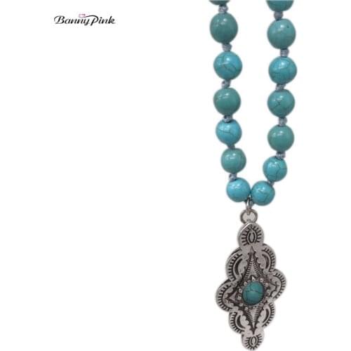 Banny Pink Hand Knotted Stone Strand Necklace For Women Tribal Geo Pendant Necklace Ethnic Round Beads Sweater Chain Colliers