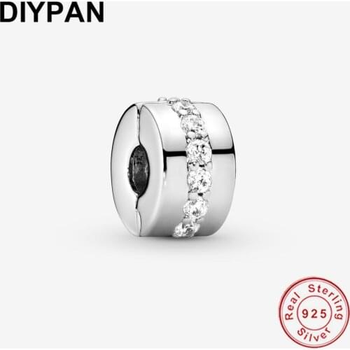 Authentic 925 Sterling Silver Clear Sparkling Row Clip Charm Fit Original Pandora Charms Bracelets Silver 925 Charm Bead Jewelry