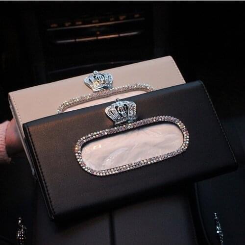 Luxury Diamond Car Tissue Box Sun Visor PU Leather Rhinestone Crown Swan Tissue Box Cover Holder for Car Accessories Girls Women