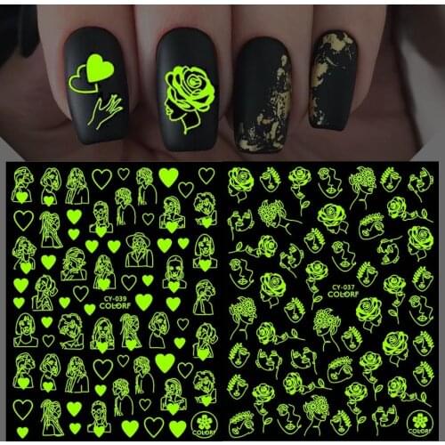 Luminous Abstract Face Nail Art Stickers 3D Rose Heart Moon Sun Leaf Manicure Stickers Glow In The Dark Nail Decor SACY037-043