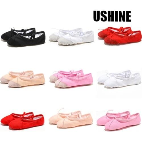 USHINE Cloth/Leather Head Red Black Pink Yoga Gym Teacher Flat Canvas Ballet Dance Shoes Kids Children Women Ballerina