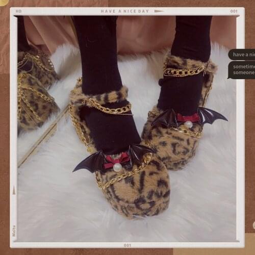 Japanese dark little devil leopard print chain platform shoes high heel 5-8cm autumn winter round head women shoes lolita cos