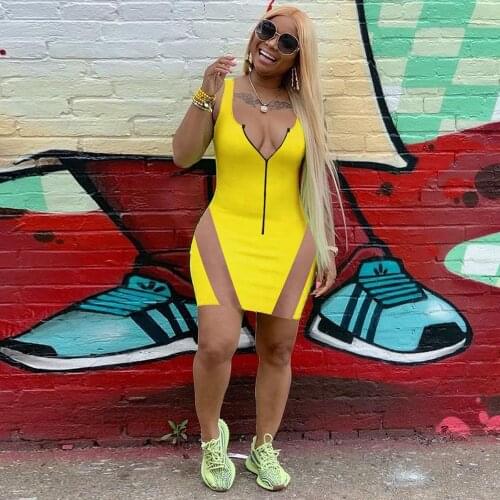 Yellow Sheer Mesh See Through Bodycon Mini Dress Women Zipper Front Sleeveless Tank Dress Summer Ladies Waist Shaping Vestidos