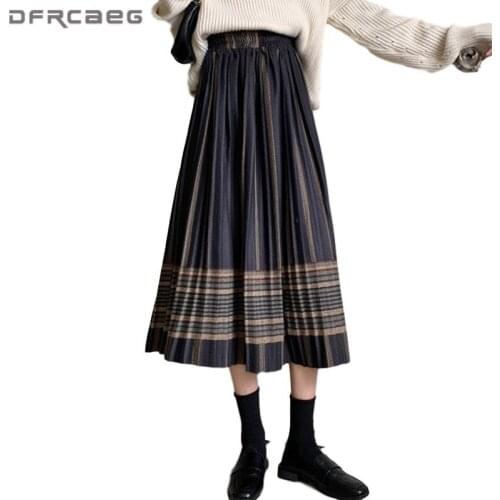 Patchwork Striped Vintage Wool Pleated Skirt Women 2020 High Waist Autumn Winter Warm Woolen Retro Long Skirts Saias Femme