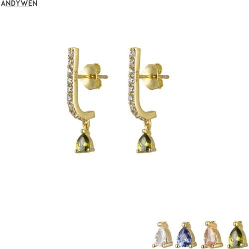 ANDYWEN 925 Sterling Silver Gold Green Zircon CZ Drop Earring Line Women Crystal Women 2020 Fashion Long Luxury Jewelry