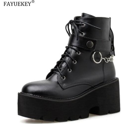 New High Quality Sexy Chain Women Leather Autumn Boots Block Heel Gothic Black Punk Style Platform Shoes Female Footwear