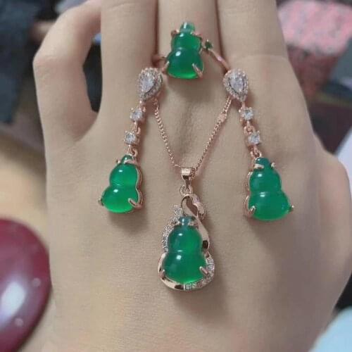Fine natural chalcedony gourd pendant earrings ring 925 silver inlaid womens gem three-piece set