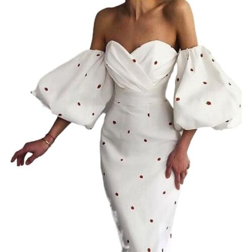 Spring and Autumn Women Lantern Sleeve High Waist Slim Mid-length Dress Dress French Strawberry Print Dress Dress Summer 2020