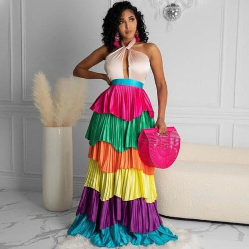 Rainbow Cascading Ruffles Summer Maxi Dresses for Women Elegant Off Shoulder Backless Beach Vacation Long Party Dress Ball Gown